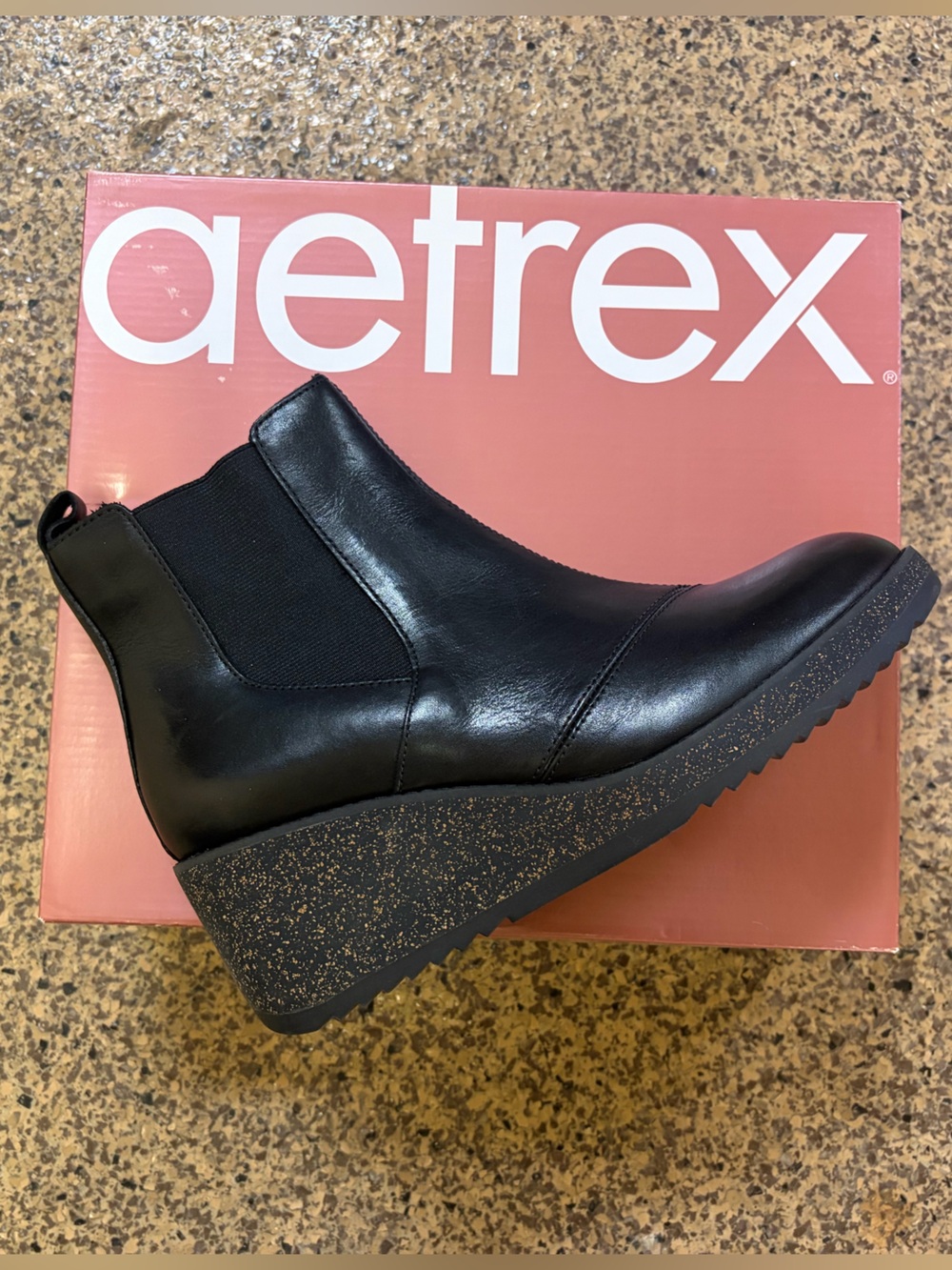 Aetrex Black Leather Wedge Bootie